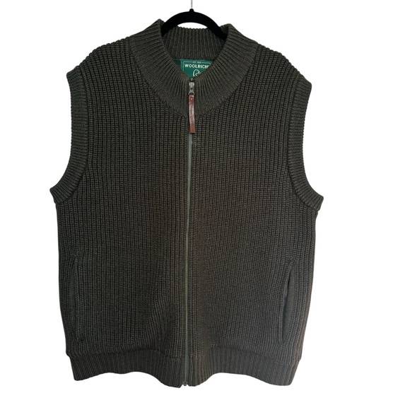 Men’s Large Woolrich Ducks Unlimited Olive Green Ribbed Full Zip Vest 100% Wool - Picture 2 of 14